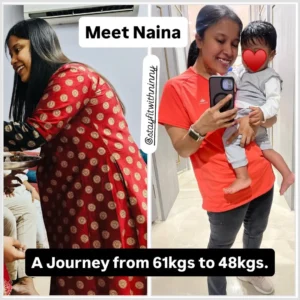 From 61 kgs when she has started.. And todayClosed her 4-finger gap.Got back into her pre-pregna